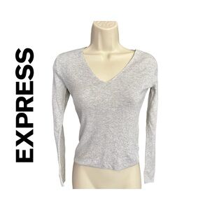 Express Silky Soft Fitted V Neck Long Sleeved Sweater, Light Gray, Size M